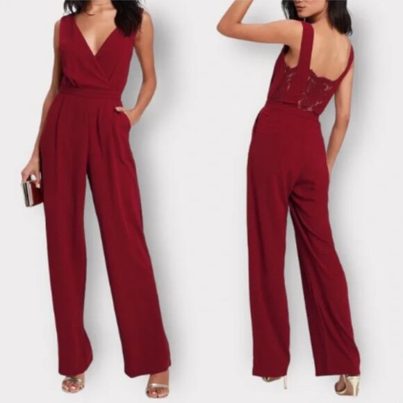 Lulus Pants - NWT Lulus Kiska Burgundy Lace Back Sleeveless Wide Leg Jumpsuit S